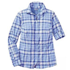 Duluth Trading Co. Sapphire Spring Plaid DuluthFlex UPF SIDEWINDER Shirt, Medium
